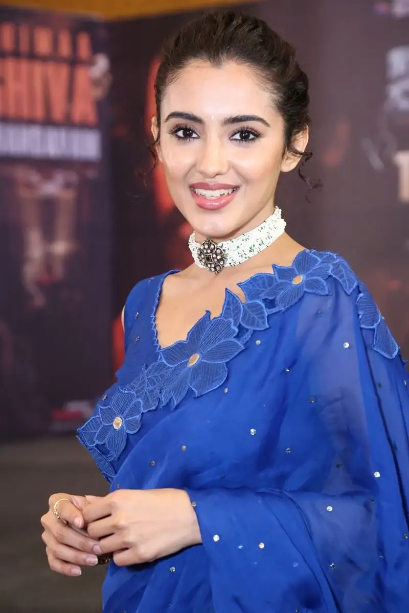 ACTRESS MALVIKA SHARMA IN BLUE SAREE AT BHIMAA MOVIE EVENT